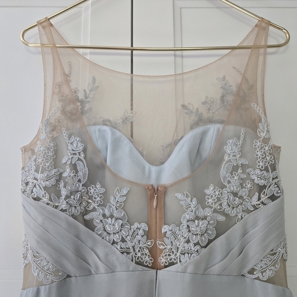 Marchesa Notte Silk Blue Embellished Embroidered Mesh Sheer Panel Detail Gown - Picture 12 of 15